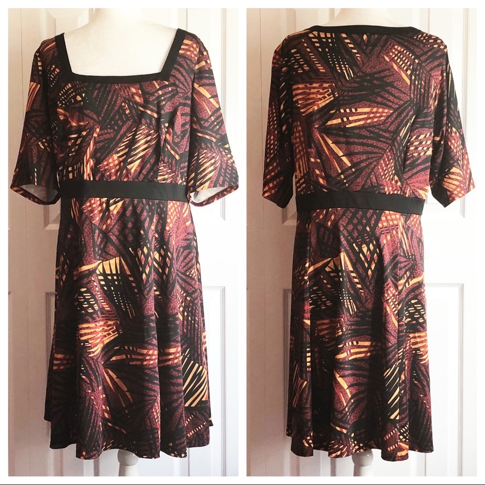 Isabel + Alice Burgundy Black Tropical Leaf Print Stretch Midi Dress 2X